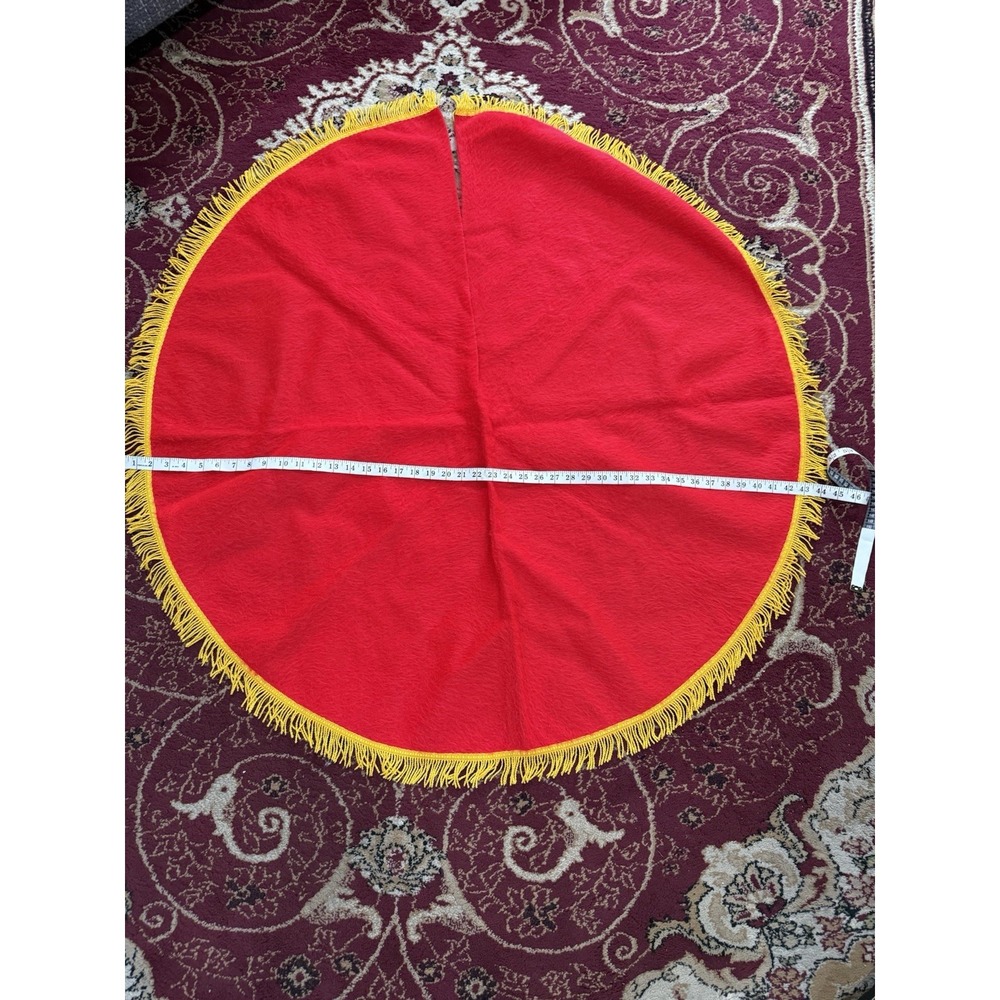 Vintage Red & Gold CHRISTMAS TREE Skirt  Fringed   Round 70s/80s - Picture 2 of 3